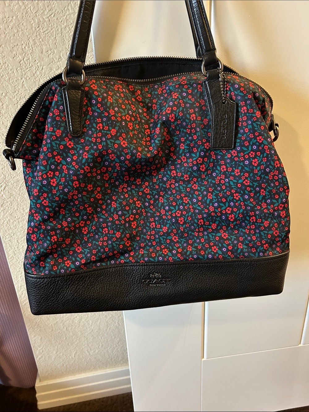 Coach Black Tote with Pink and Green Floral Print